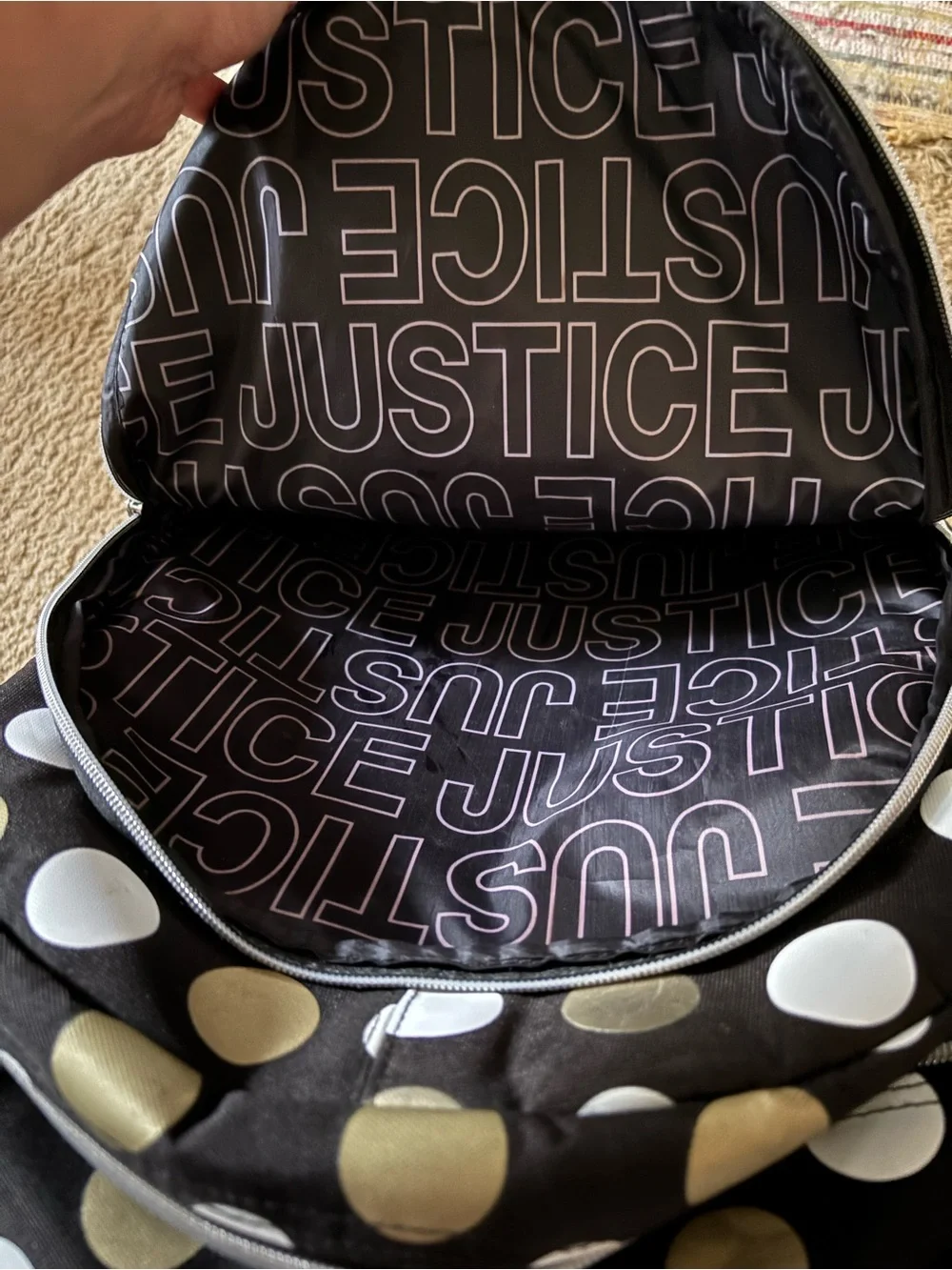 Justice Black & Gold Polka Dot Backpack - 'G' Monogram